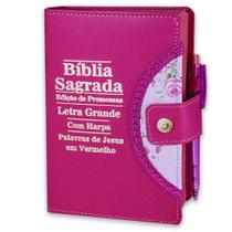 Bíblia Sagrada Letra Grande - Pink - Botão e Caneta Revista e Corrigida