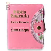 Bíblia Sagrada Letra Grande - Rosa - Botão e Caneta Revista e Corrigida - Com Harpa