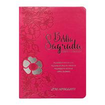Bíblia Sagrada Letra Hipergigante ARC Harpa Avivada e Corinhos Capa PU Luxo Floral Dália Pink