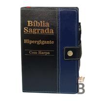 Bíblia Sagrada Letra HIpergigante Botão Preta/Azul - C/ Harpa