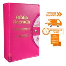 Bíblia Sagrada Letra Hipergigante - Pink - Botão e Caneta Revista e Corrigida - 14x21cm