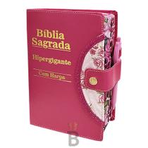 Bíblia Sagrada Letra Hipergigante - Pink - Botão e Caneta Revista e Corrigida - C/ Harpa
