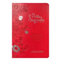 Bíblia Sagrada Letra Jumbo ARC Harpa Avivada e Corinhos Capa PU Luxo Floral Vermelha