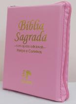 Bíblia sagrada media com ajudas adicionais e harpa - capa com ziper rosa lisa