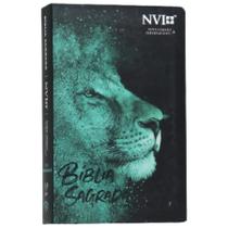 Bíblia Sagrada NVI Letra Hipergigante Capa Semi-Flexível Leão Azul Premium Cristã Evangélica Gospel Índice Crente Feminina Mulher Homem Leão Jovem Ado