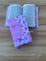 Biblia sagrada Orquídeas lilás com borda Letras Grandes Evangélica Com Harpa E Corinhos