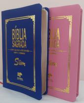 Biblia slim ultrafina com ajudas adicionais e harpa para o casal - capa luxo azul royal + rosa