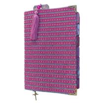 Bíblia Strass rosa bebe com borda dourada e Abas adesivas já coladas + marca paginas glitter