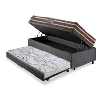 Bicama Box Baú 88x188 Linho Cinza com Colchão Ortoline New Dupla Face Anjos