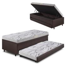 Bicama Box Baú 88x188 material sintético Linho Marrom com Colchão de Espuma Ecoline D20 Ecoflex