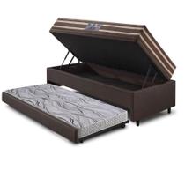 Bicama Box Baú 88x188 Revestimento Sintético Linho Bege com Colchão Ortoline New Dupla Face Anjos