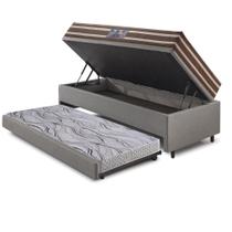 Bicama Box Baú 88x188 Revestimento Sintético Linho Cinza com Colchão Ortoline New Dupla Face Anjos