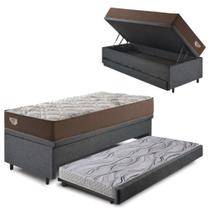 Bicama Box Baú com Linho Cinza 120x203 com Colchão Relax Adorabile Molas Ensacadas Ecoflex