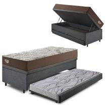 Bicama Box Baú com Linho Cinza 88x188 com Colchão Relax Adorabile Molas Ensacadas Ecoflex