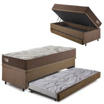 Bicama Box Baú com Linho Marrom 120x203 com Colchão Relax Adorabile Molas Ensacadas Ecoflex