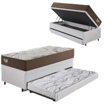 Bicama Box Baú com material sintético Linho Branco 120x203 com Colchão Relax Adorabile Molas Ensacadas Ecoflex