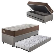 Bicama Box Baú com material sintético Linho Cinza 96x203 com Colchão Relax Adorabile Molas Ensacadas Ecoflex