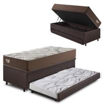 Bicama Box Baú com material sintético Linho Marrom 88x188 com Colchão Relax Adorabile Molas Ensacadas Ecoflex