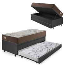 Bicama Box Baú com material sintético Linho Preto 120x203 com Colchão Relax Adorabile Molas Ensacadas Ecoflex