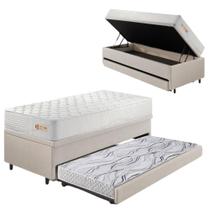 Bicama Box Baú material sintético Linho Areia 88x188 com Colchão Ecoline D33 Ecoflex