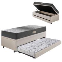 Bicama Box Baú Solteiro 88X188 material sintético Linho Areia com Colchão Dual Firm Ecoflex