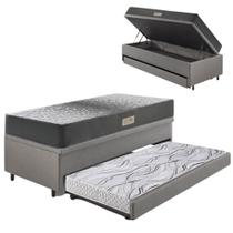 Bicama Box Baú Solteiro 88X188 material sintético Linho Cinza com Colchão Dual Firm Ecoflex