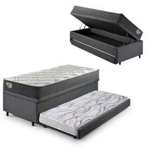 Bicama Box Baú Solteiro Com Colchão Adapto Molas Ensacadas Ecoflex Linho Cinza 88x188