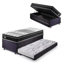 Bicama Box Baú Solteiro Com Colchão Gransleep Ecoflex Molas Verticoil Suede Preto 88x188