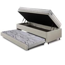 Bicama Box Baú Solteiro Revestimento Sintético Linho Areia 88x188 Com Colchão Hanover Molas Ensacadas Inducol