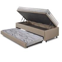 Bicama Box Baú Solteiro Revestimento Sintético Linho Bege 88x188 Com Colchão Hanover Molas Ensacadas Inducol