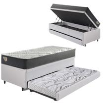 Bicama Box Baú Viúva 120x203 material sintético Linho Branco com Colchão Adapto Molas Ensacadas Ecoflex