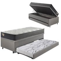 Bicama Box Baú Viúva 120x203 material sintético Linho Cinza com Colchão Adapto Molas Ensacadas Ecoflex
