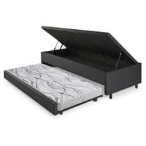 Bicama Box com Baú Solteiro Revestimento Sintético Linho Preto 88x188 com Colchão Auxiliar Ecoflex