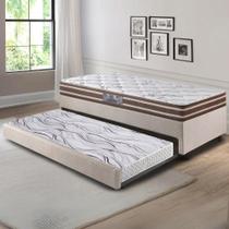 Bicama Box Solteiro Linho Bege 88x188x28 cm com Colchão Ortoline Espuma e Colchão Auxiliar Ecoflex