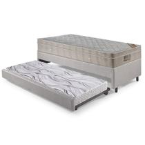 Bicama Box Solteiro material sintético Linho Cinza 96x203x28 cm com Colchão Airtech Ortobom Molas Ensacadas e Colchão Auxiliar Ecoflex