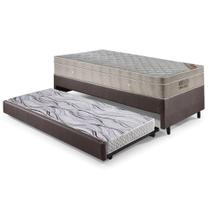 Bicama Box Solteiro material sintético Linho Marrom 88x188x28 cm com Colchão Airtech Ortobom Molas Ensacadas e Colchão Auxiliar Ecoflex