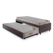 Bicama Box Solteiro Revestimento Sintético Linho Marrom 88x188 Com Dois Colchões Airtech Molas Ensacadas Ortobom