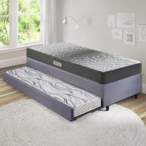 Bicama Box Solteiro Suede Cinza 88x188x28 cm com Colchão Dual Firm Espuma e Colchão Auxiliar Ecoflex