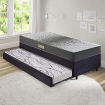 Bicama Box Solteiro Suede Preto 88x188x28 cm com Colchão Dual Firm Espuma e Colchão Auxiliar Ecoflex