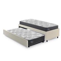 Bicama Box Viúva 126x208 Revestimento em Tecido Sintético Linho Areia com Dois Colchões Adapto Molas Ensacadas Ecoflex