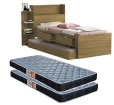 bicama cama solteiro isa com gaveta bau e prateleira auxiliar para quarto com 2 colchões incluso - Mini Me Artigos