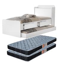 bicama cama solteiro tamires com gavetas bau e prateleiras auxiliar com 2 colchões incluso