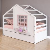 Bicama Casinha Com Janela Madeira Maciça Branco- Rosa Housin