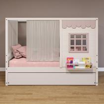 Bicama Casinha Cortina Madeira Branco/Rosa