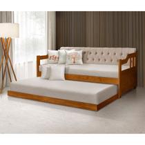 Bicama Dublin Estofado Capitonê Veludo Bege Madeira com Cama Auxiliar 2 Colchões - Castanho Bicama Dublin Estofado Capitonê Veludo Bege Madeira com Cama Auxiliar 2 Colchões - Castanho