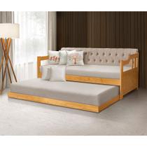Bicama Dublin Estofado Capitonê Veludo Bege Madeira Maciça com Cama Auxiliar 2 Colchões - Imbuia Bicama Dublin Estofado Capitonê Veludo Bege Madeira Maciça com Cama Auxiliar 2 Colchões - Imbuia