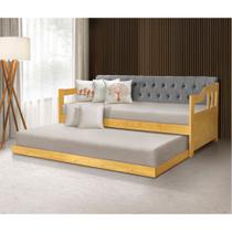 Bicama Dublin Estofado Capitonê Veludo Cinza Madeira com Cama Auxiliar 2 Colchões - Imbuia Bicama Dublin Estofado Capitonê Veludo Cinza Madeira com Cama Auxiliar 2 Colchões - Imbuia