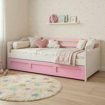 Bicama Infantil com Cama Auxiliar e Rodízio Madeira Maciça Londrina Branco/Rosa