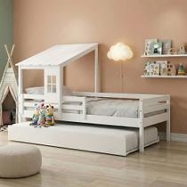 Bicama Infantil Prime com Telhadinho Ii e Grade De Proteção - Madeira Maciça - Laca Branco