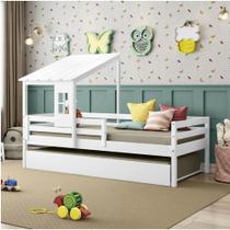 Bicama Infantil Prime com Telhadinho Ii e Grade De Proteção - Madeira Maciça - Laca Branco